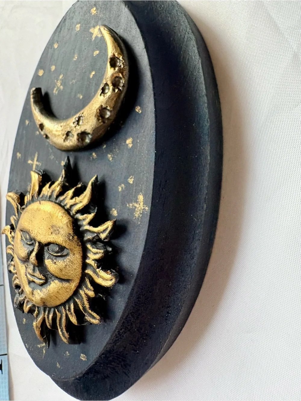 Golden Sun & Moon Celestial Whimsigoth Plaque - Dark Blue and Gold Wall Decor